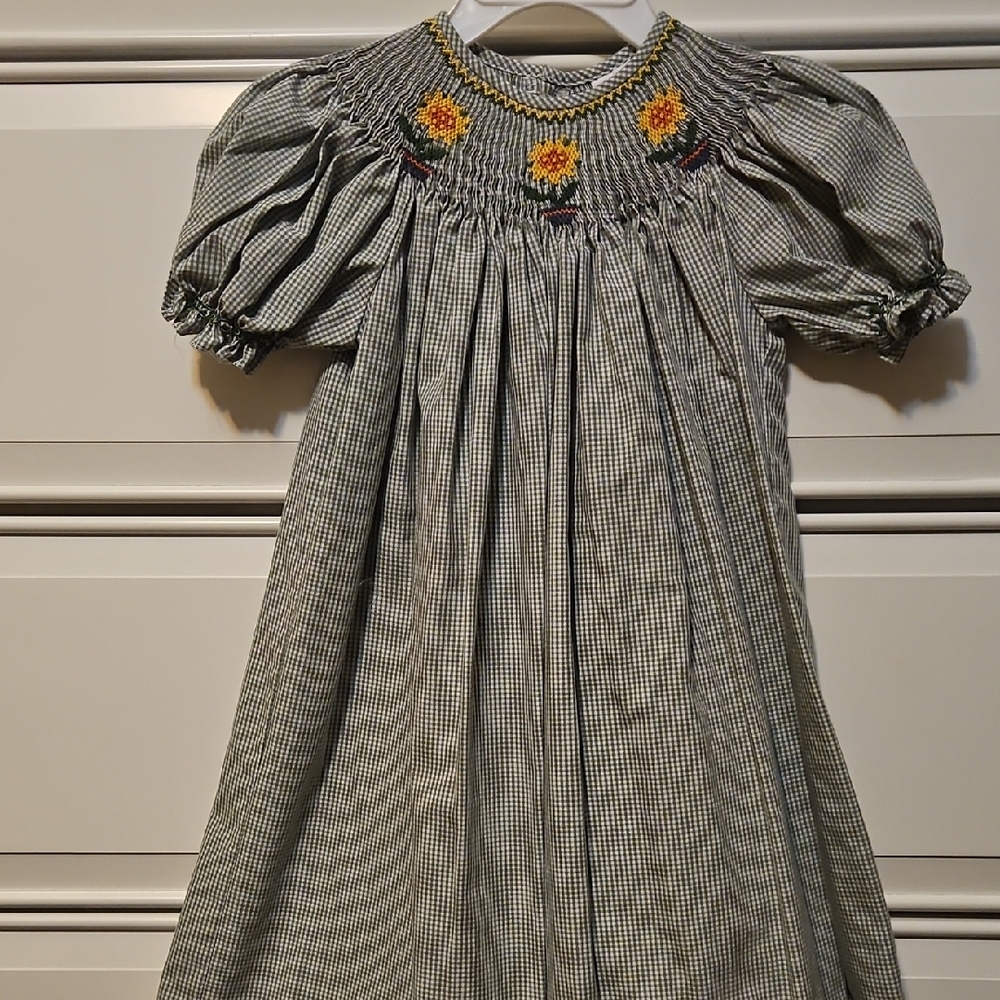 Charming Green Checkered Kids Dress with Floral Embroidery